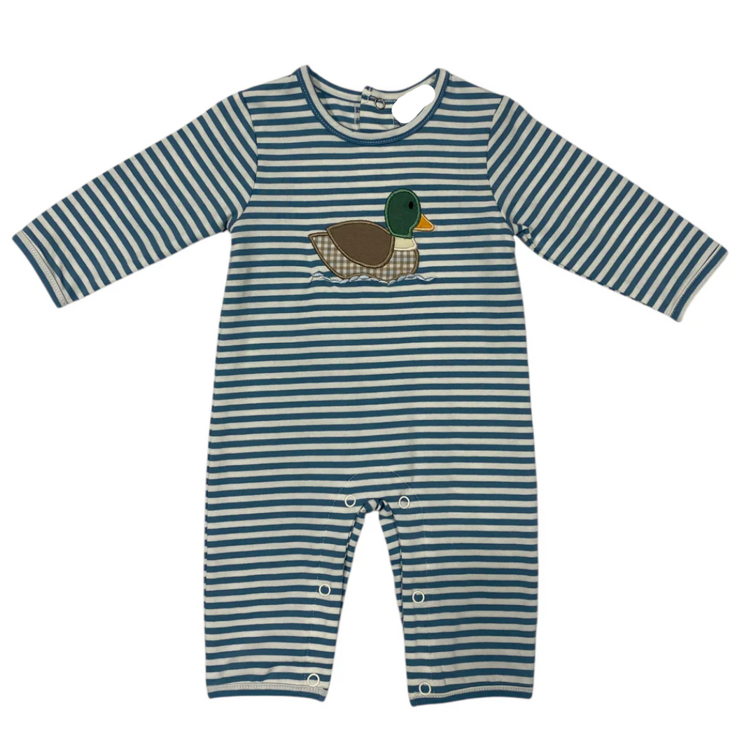 Duck Appliqué Boys Blue Striped Romper – Baby Boy Romper with Duck Design and Navy Trim | Walker Boutique