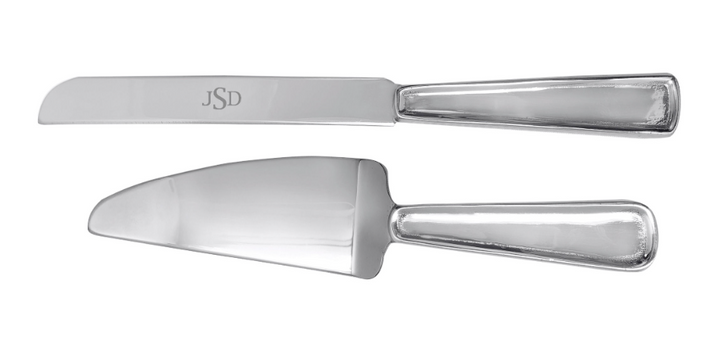 Two silver cake knives with handles on a white background