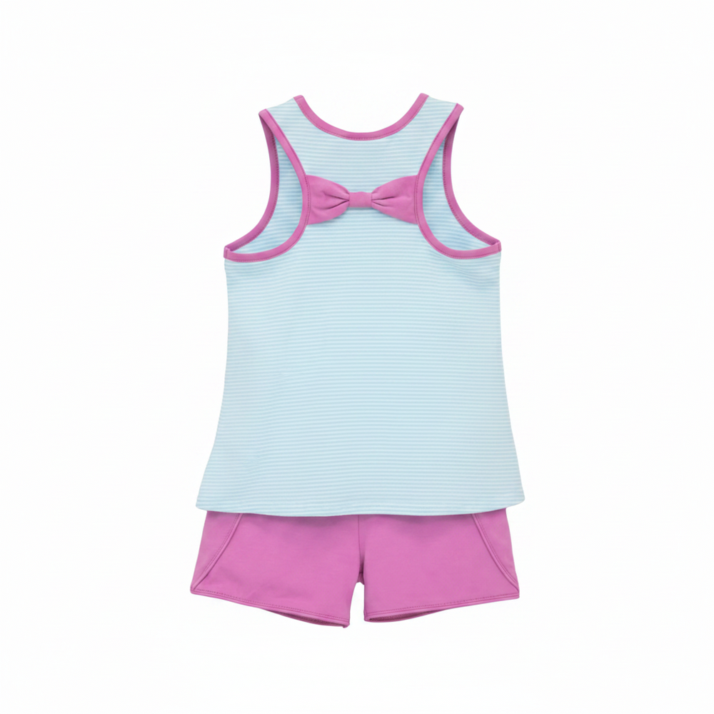 Children's sleeveless top with pink bow and shorts on a hanger against a white background