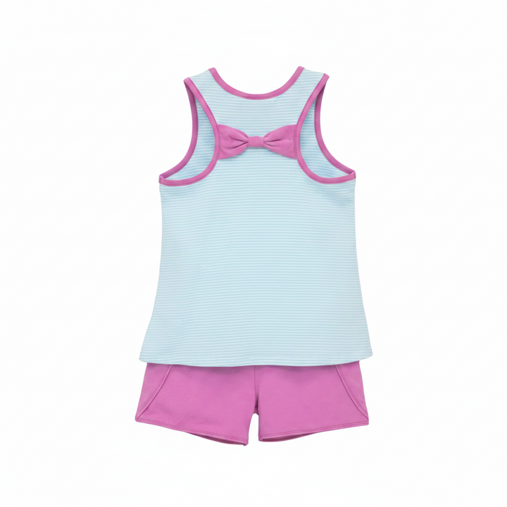 Children's sleeveless top with pink bow and shorts on a hanger against a white background