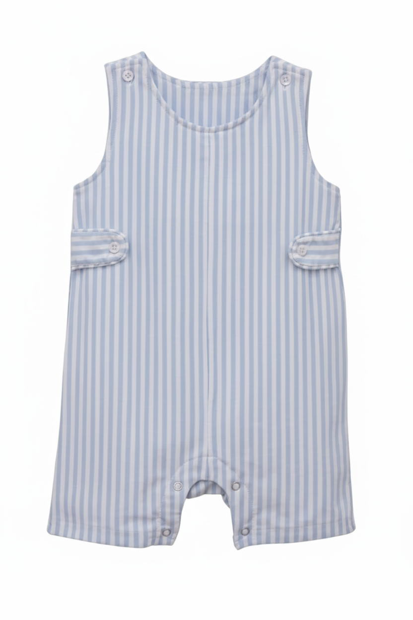 Blue and white striped baby romper  against a white background