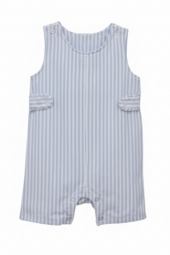 Blue and white striped baby romper  against a white background