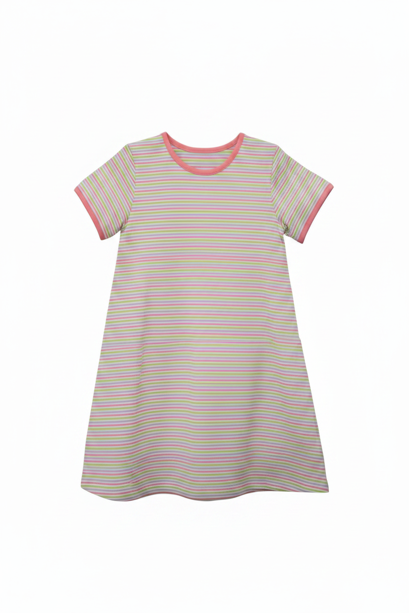 Striped dress with pink trim on a white background