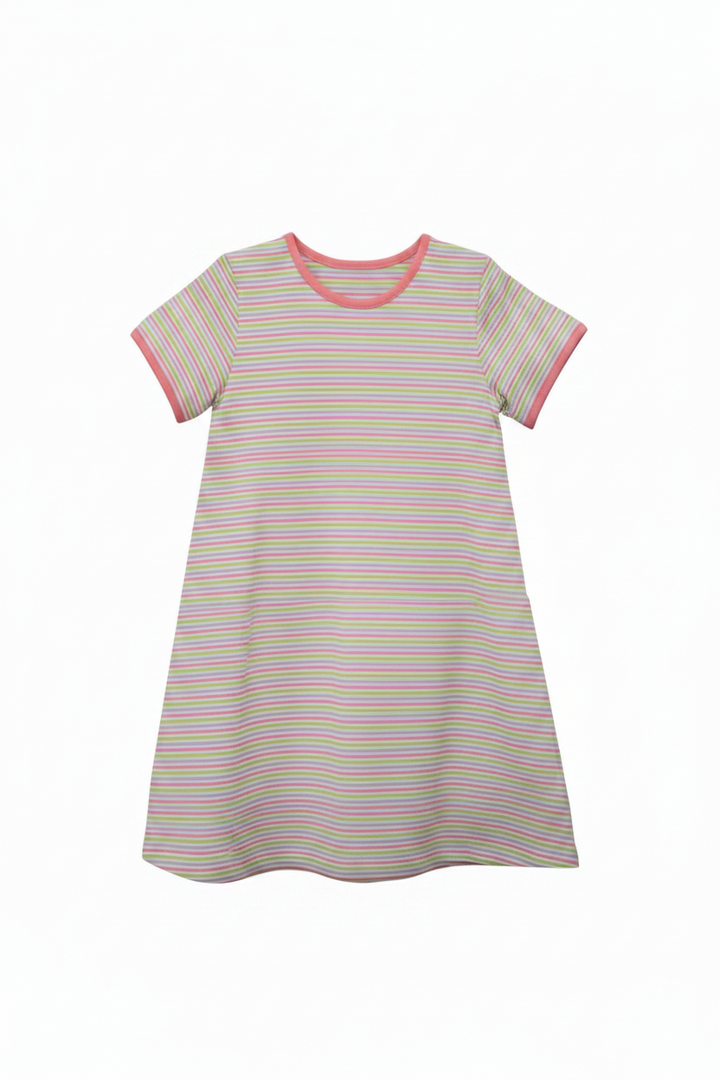 Striped dress with pink trim on a white background