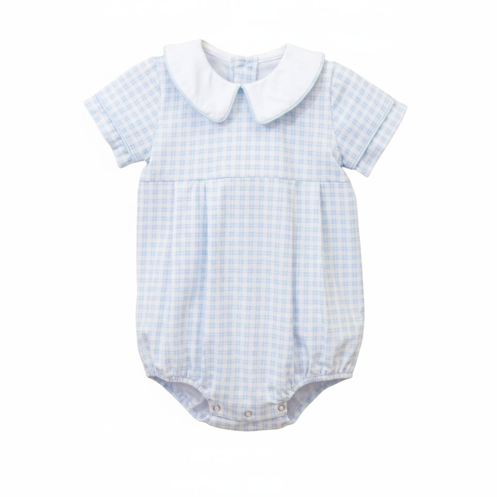 Baby romper with blue check pattern and white collar on a white background