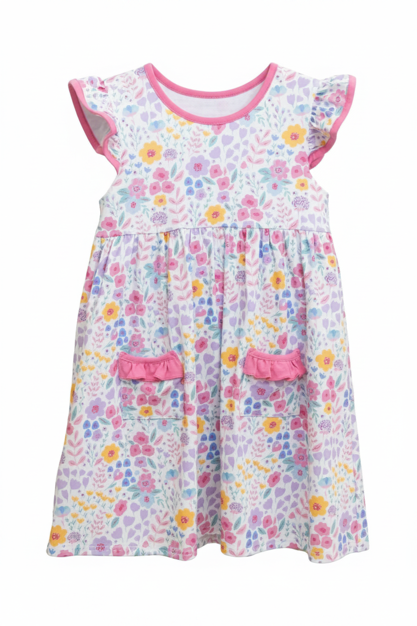 Floral dress with pink accents on a white background