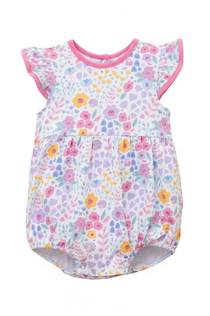 Floral baby romper with pink sleeves on a white background