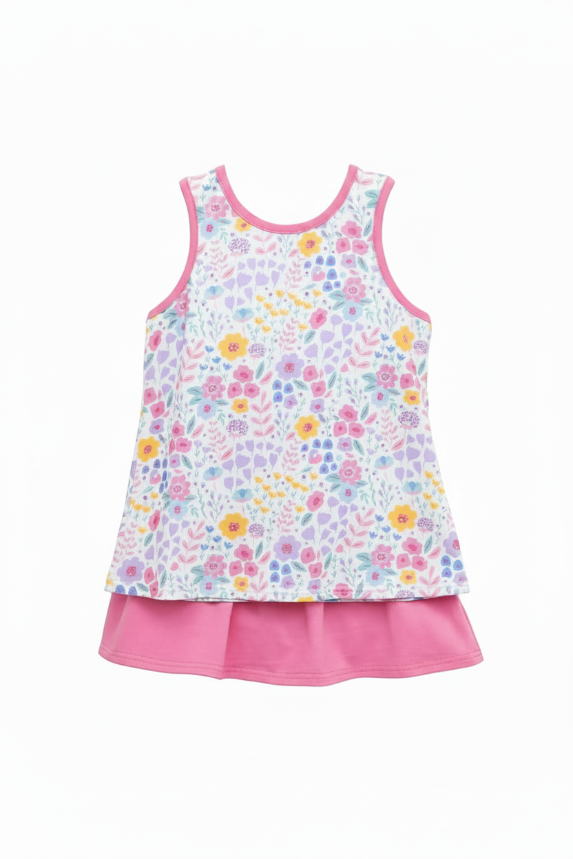 Children's floral skort set with pink trim on a white background
