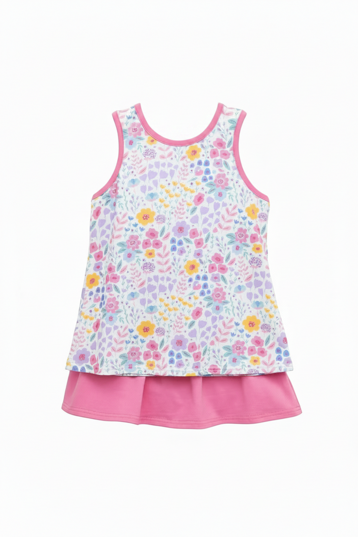 Children's floral skort set with pink trim on a white background