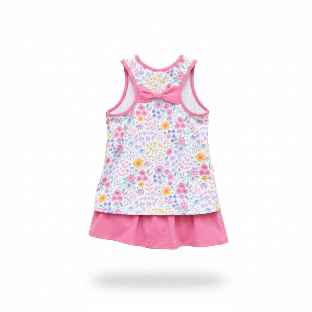 Floral skort set with pink trim on a white background