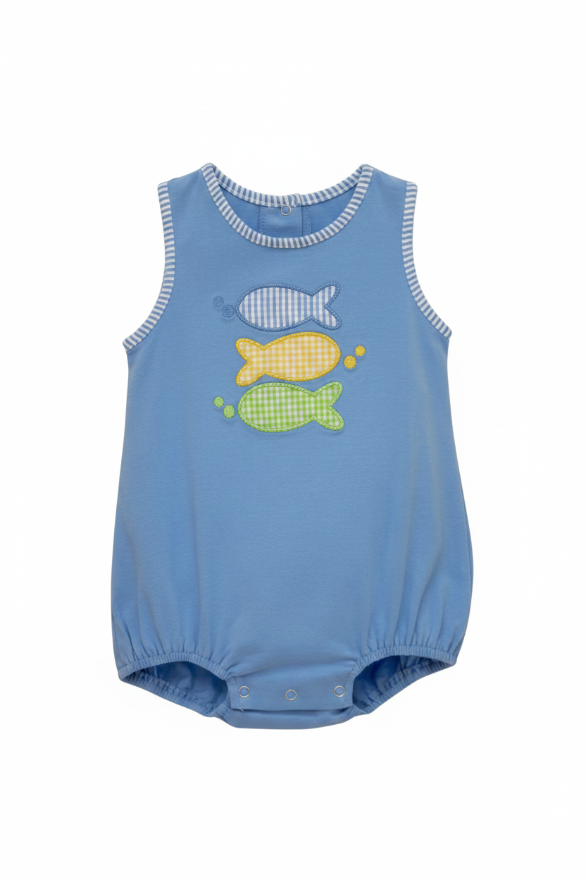 Blue baby romper with fish appliqués on a white background