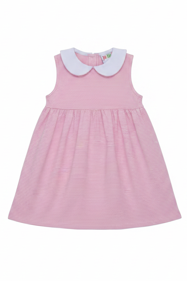 Pink striped dress with a white collar on a white background