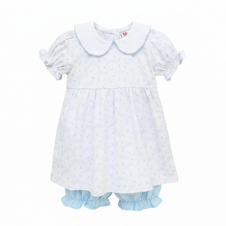 Baby dress with ruffled collar and matching bloomers on a white background