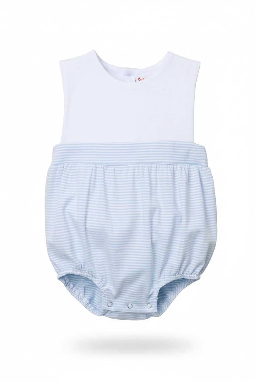 Baby romper with white top and blue striped bloomers on a white background