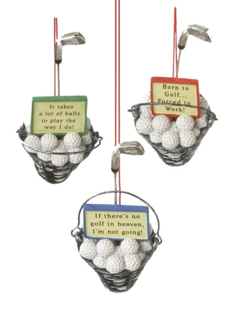 Three golf-themed decorations with golf balls, clubs, and humorous sayings on a white background.