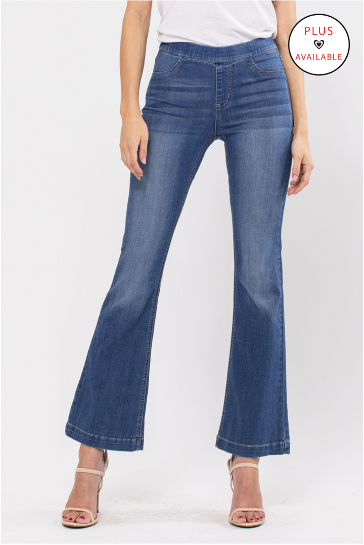 MEDIUM DENIM MID RISE FLARE JEGGINGS - 30"