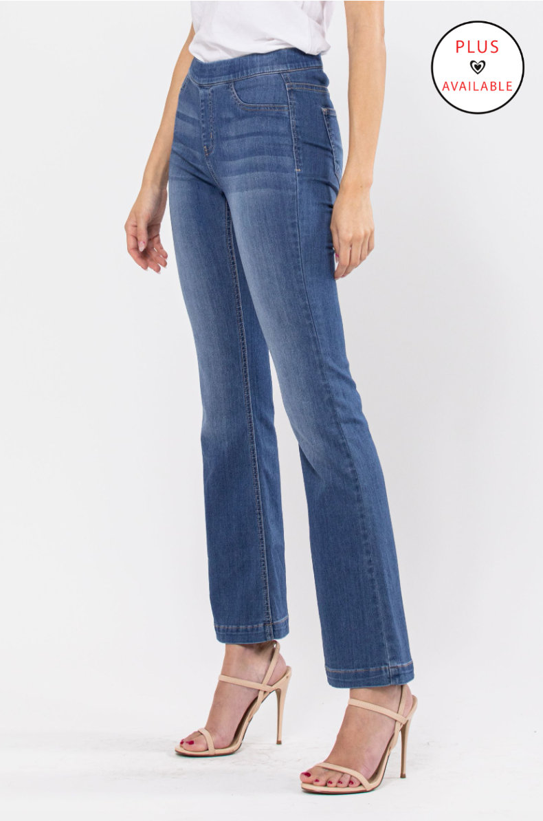 MEDIUM DENIM MID RISE FLARE JEGGINGS - 30"