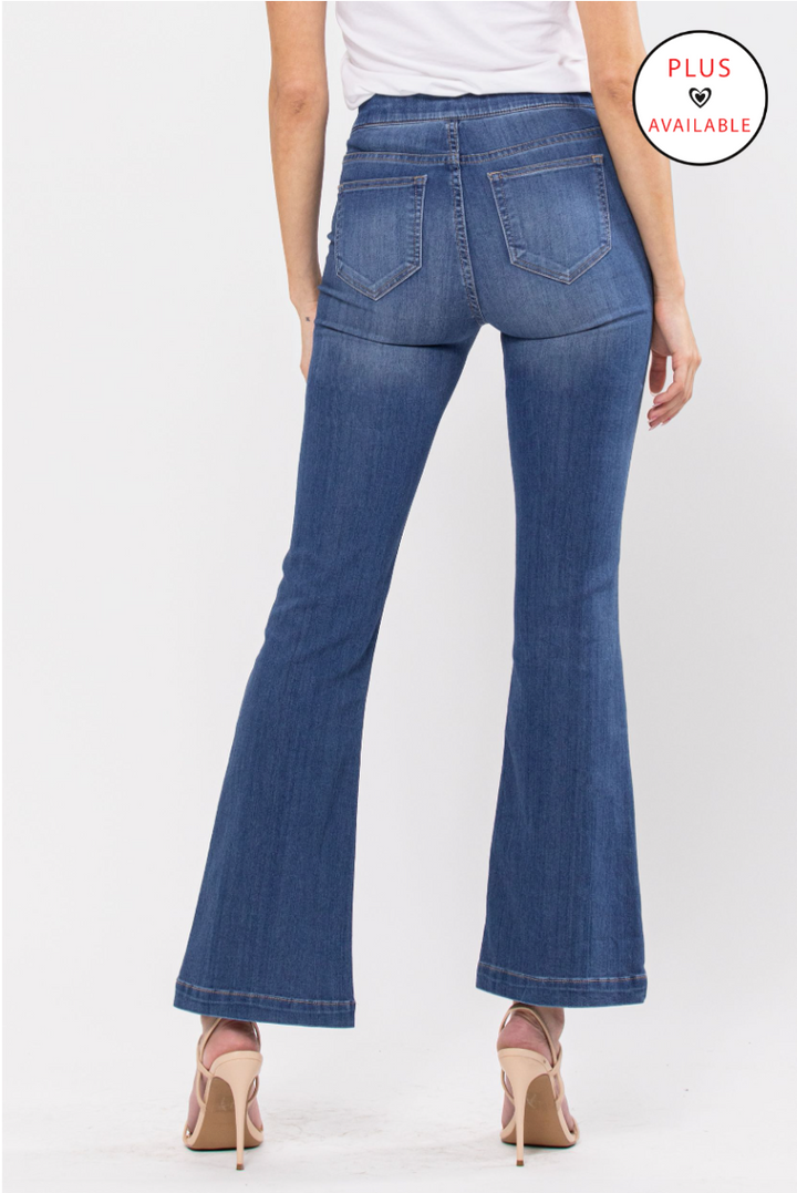 MEDIUM DENIM MID RISE FLARE JEGGINGS - 30"