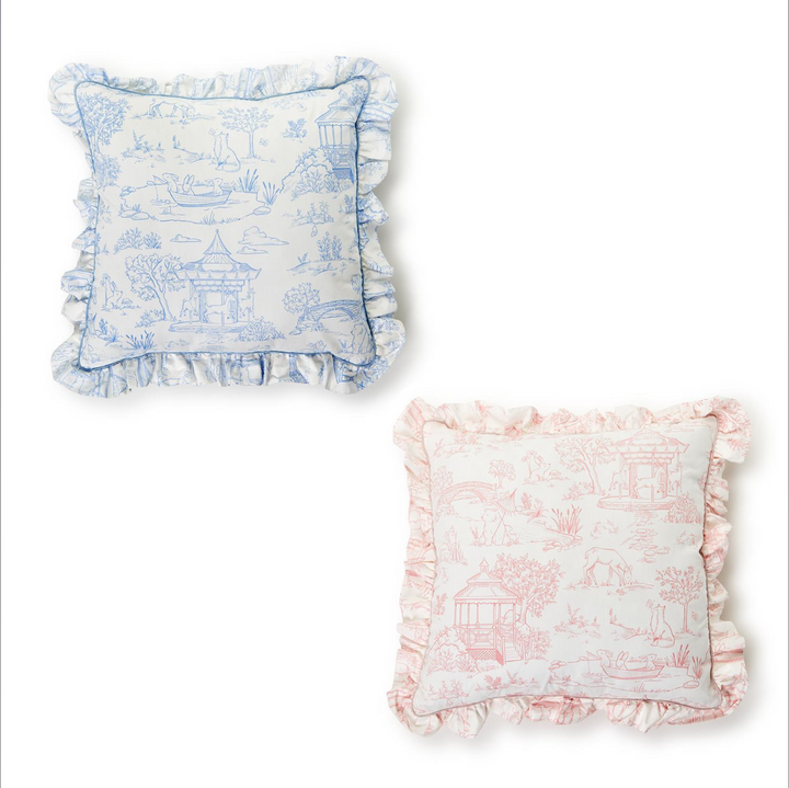 BABY ANIMAL TOILE DECORATIVE PILLOW WITH RUFFLE DETAIL