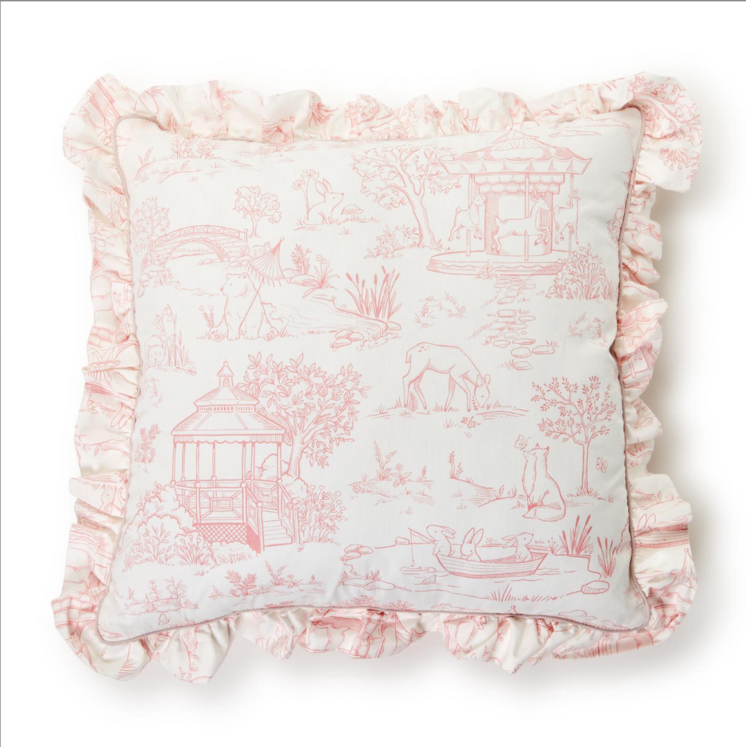 BABY ANIMAL TOILE DECORATIVE PILLOW WITH RUFFLE DETAIL