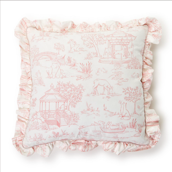 BABY ANIMAL TOILE DECORATIVE PILLOW WITH RUFFLE DETAIL