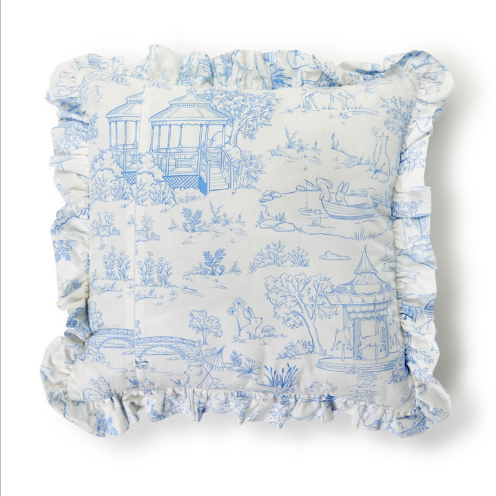 BABY ANIMAL TOILE DECORATIVE PILLOW WITH RUFFLE DETAIL