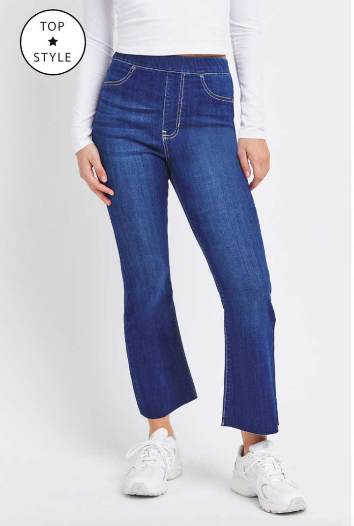 DARK DENIM HIGH RISE PULL ON CROP FLARE JEAN