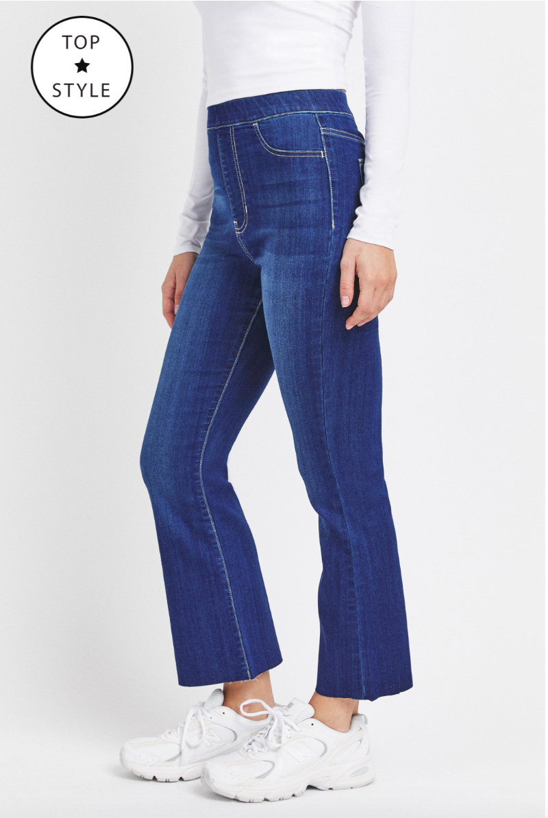 DARK DENIM HIGH RISE PULL ON CROP FLARE JEAN