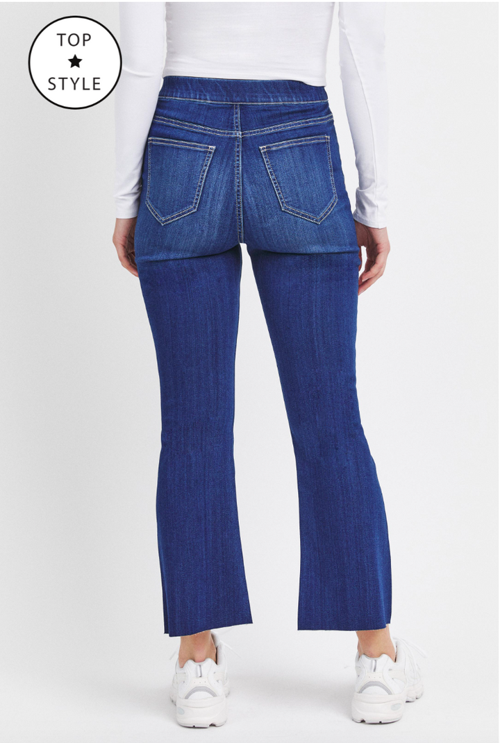 DARK DENIM HIGH RISE PULL ON CROP FLARE JEAN