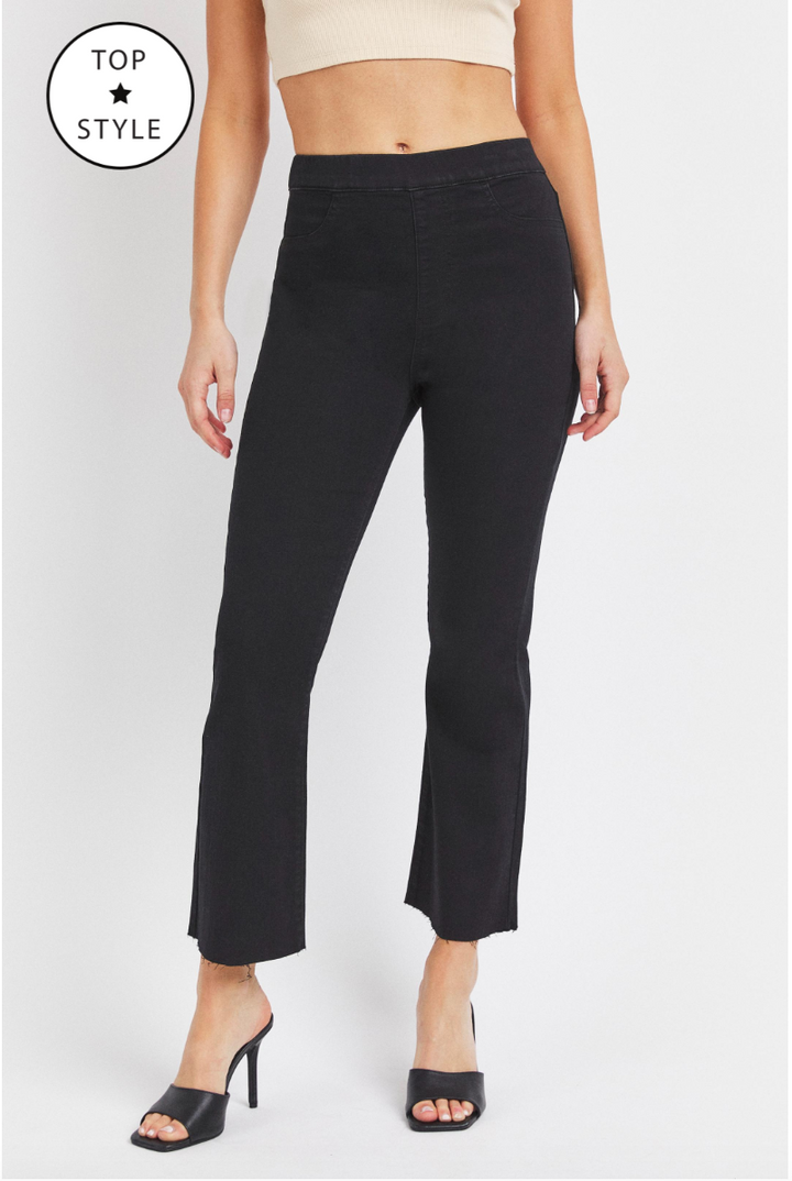 BLACK HIGH RISE PULL ON CROP FLARE JEAN