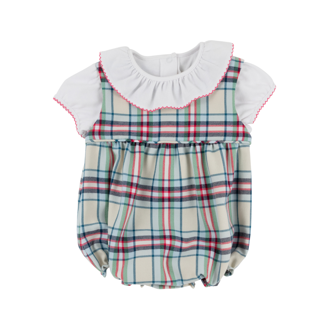 Plaid baby romper with white collar on a white background