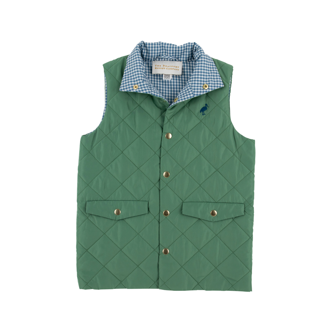 Green quilted vest with a checkered collar on a white background