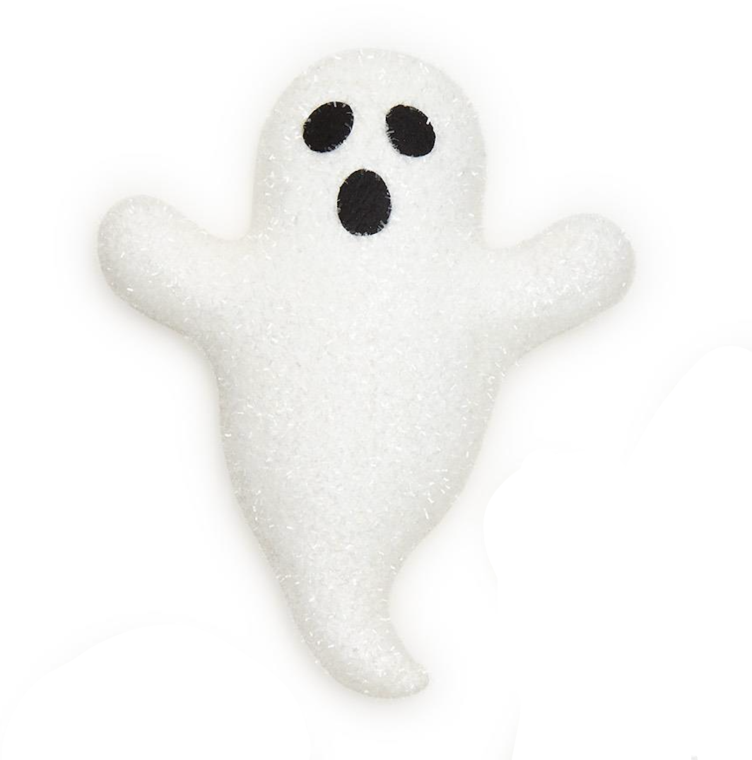 White ghost-shaped hanging decor with black eyes on a white background