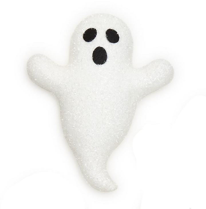 White ghost-shaped hanging decor with black eyes on a white background