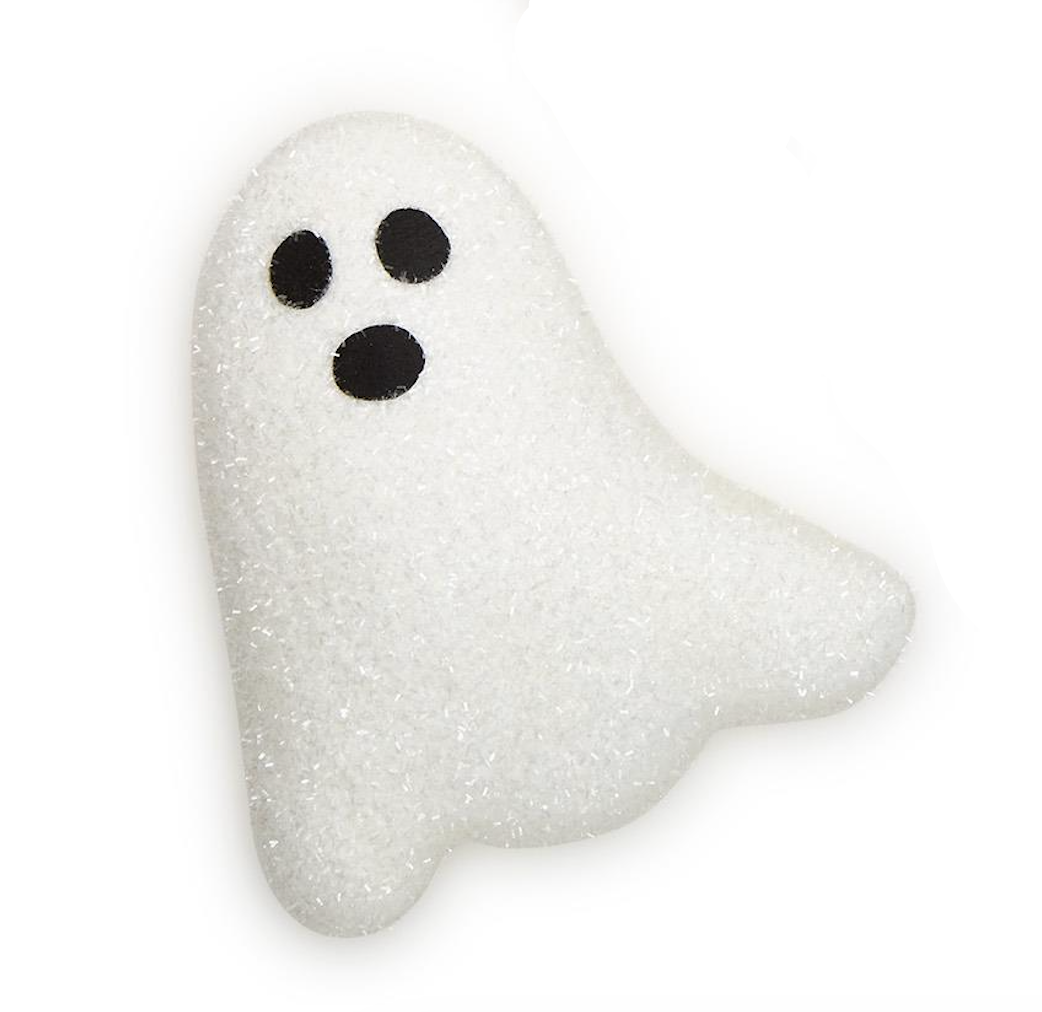 White ghost-shaped decor with black eyes on a white background