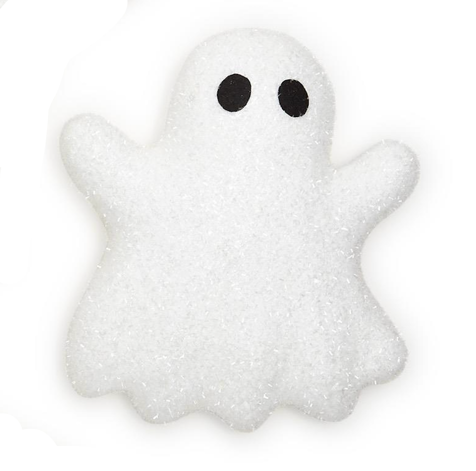 White ghost-shaped object with black eyes on a white background