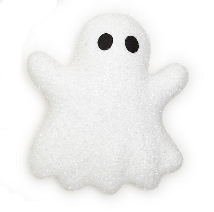White ghost-shaped object with black eyes on a white background