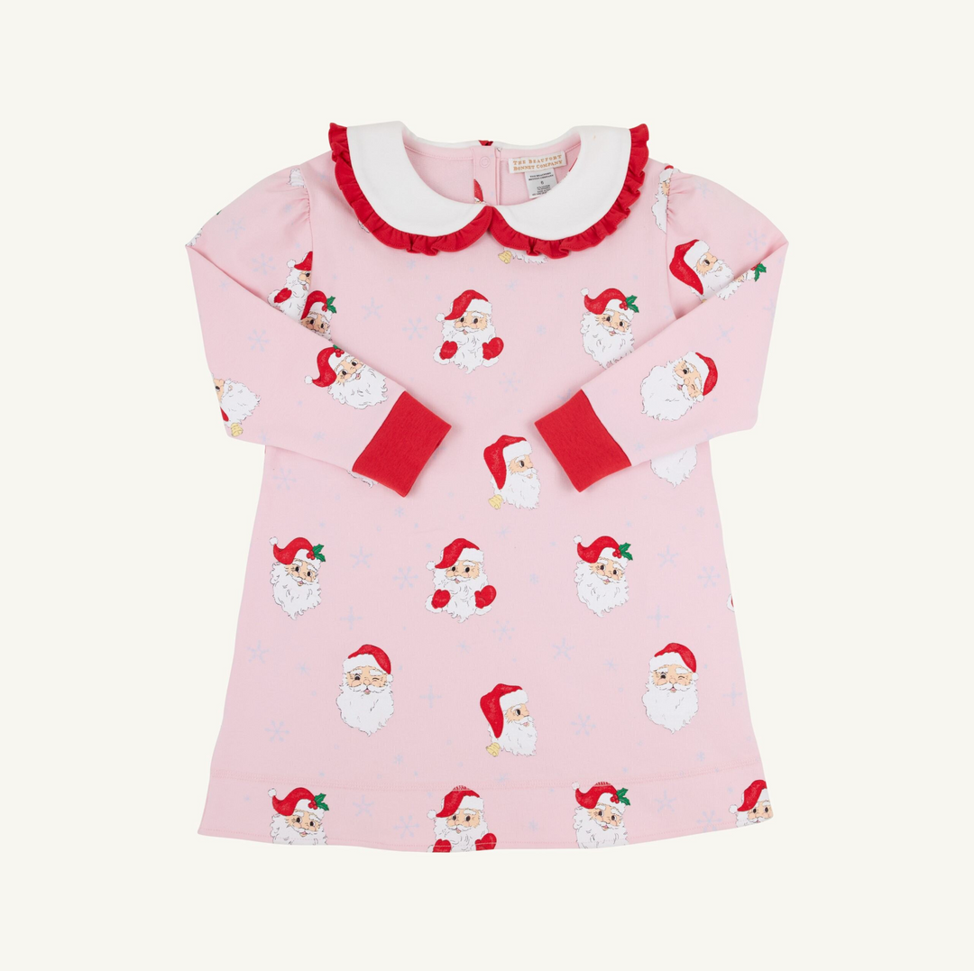 Pink dress with Santa Claus pattern on a white background
