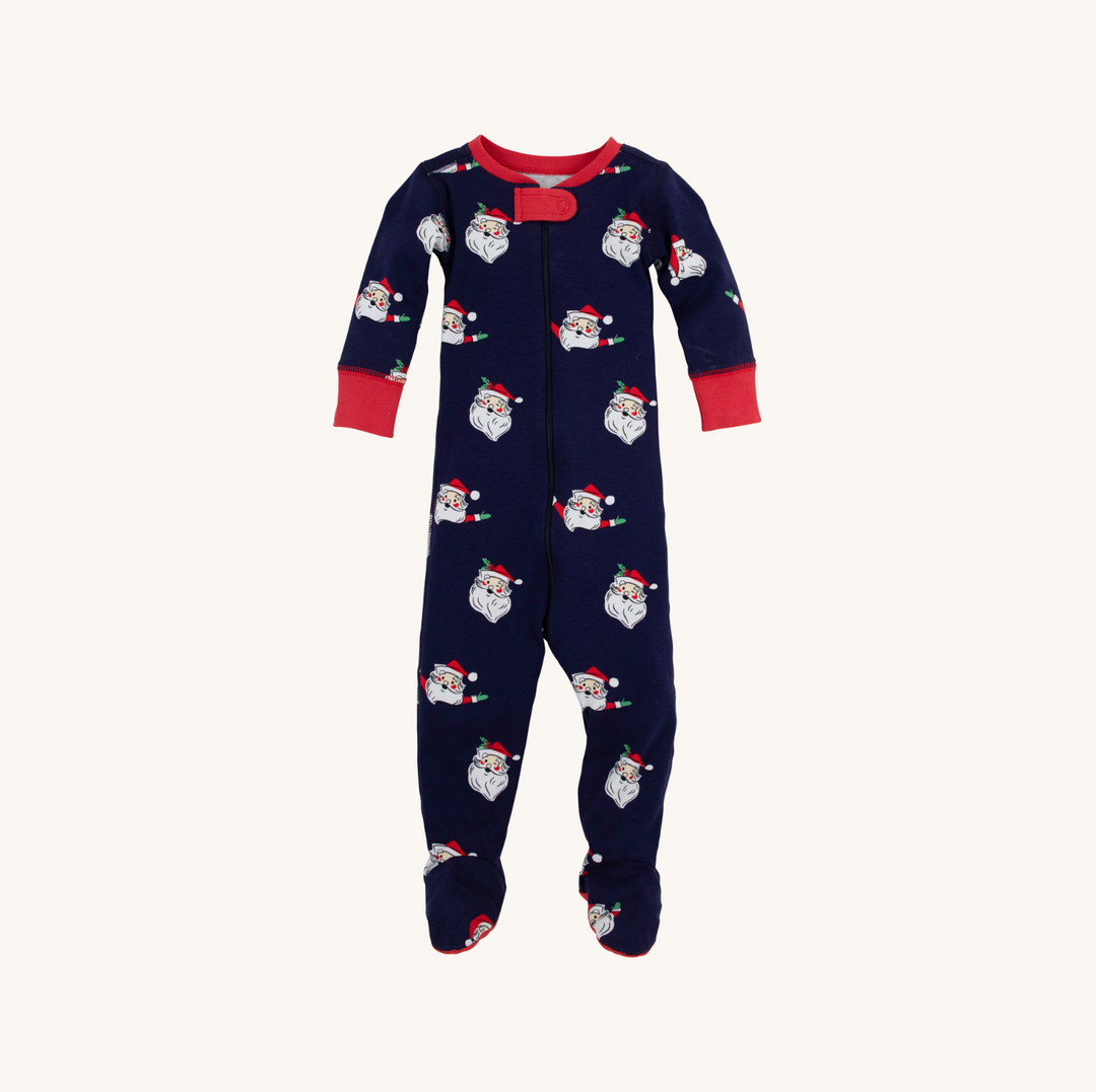 Navy blue pajama with Santa Claus pattern on a white background