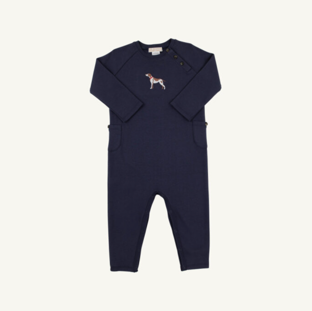 Navy blue baby romper with a dog illustration on a white background