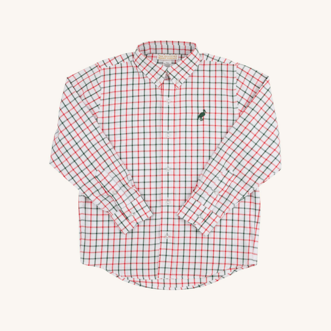 green & red plaid on button down