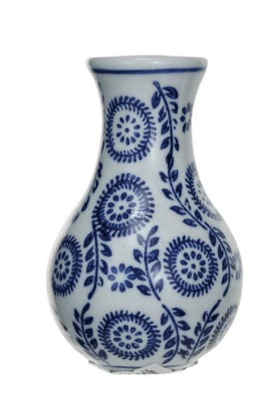 White vase with blue floral patterns on a white background