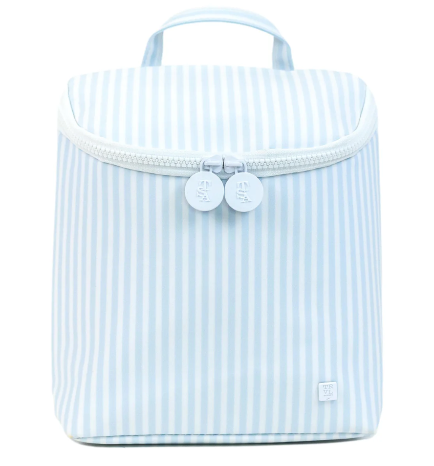 Blue striped bag with a white zipper on a white background