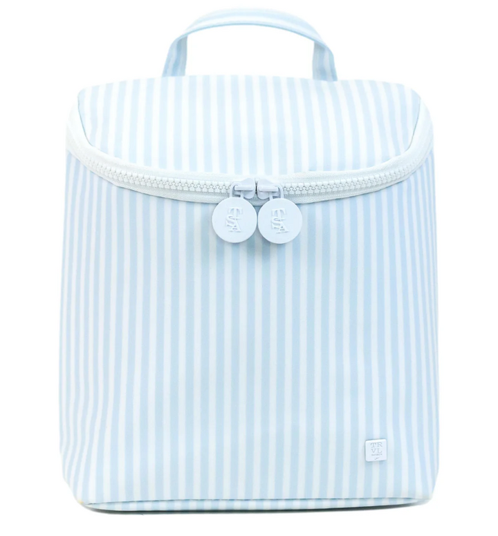 Blue striped bag with a white zipper on a white background