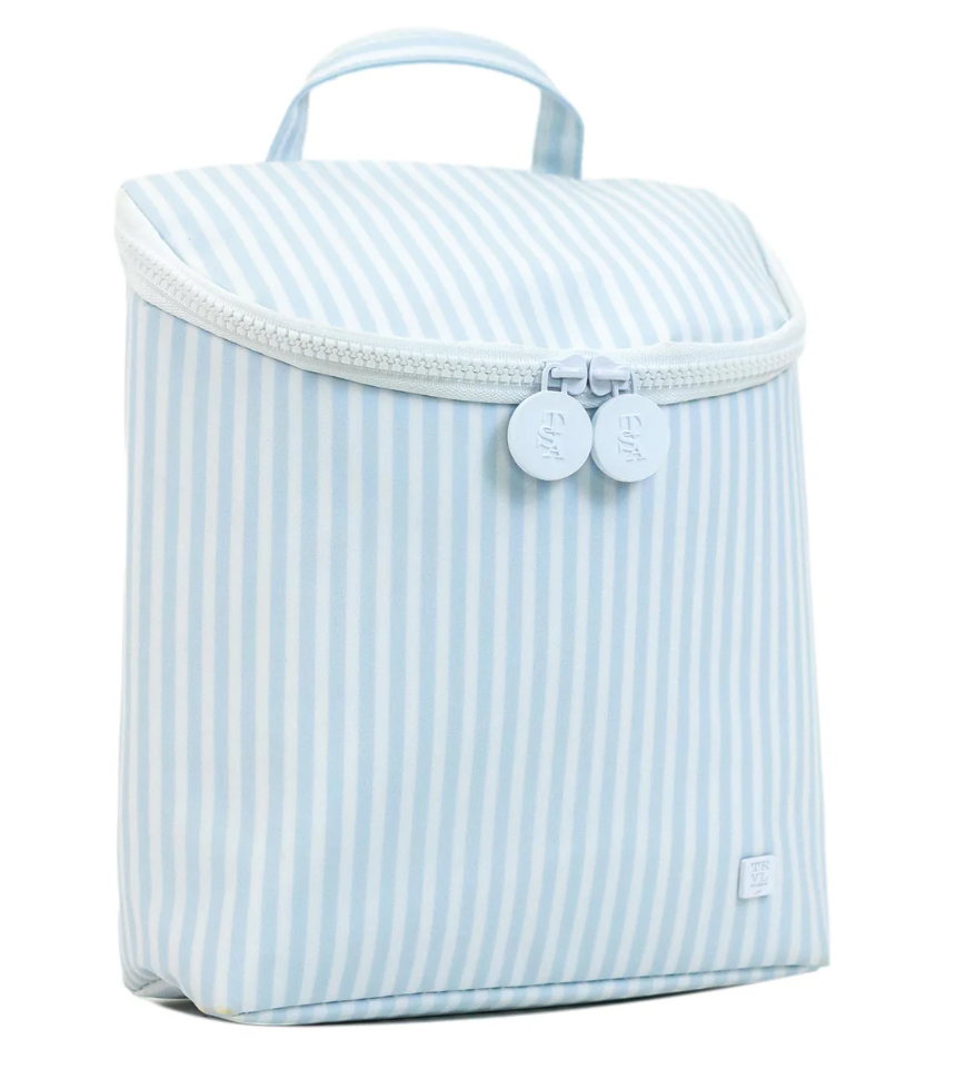 Light blue striped toiletry bag with white accents on a white background