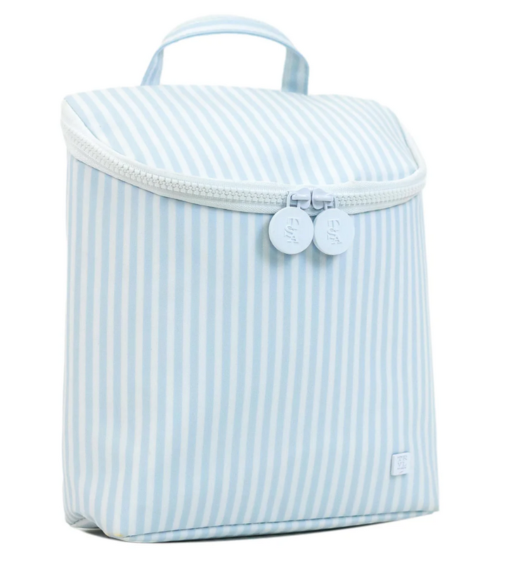 Light blue striped toiletry bag with white accents on a white background