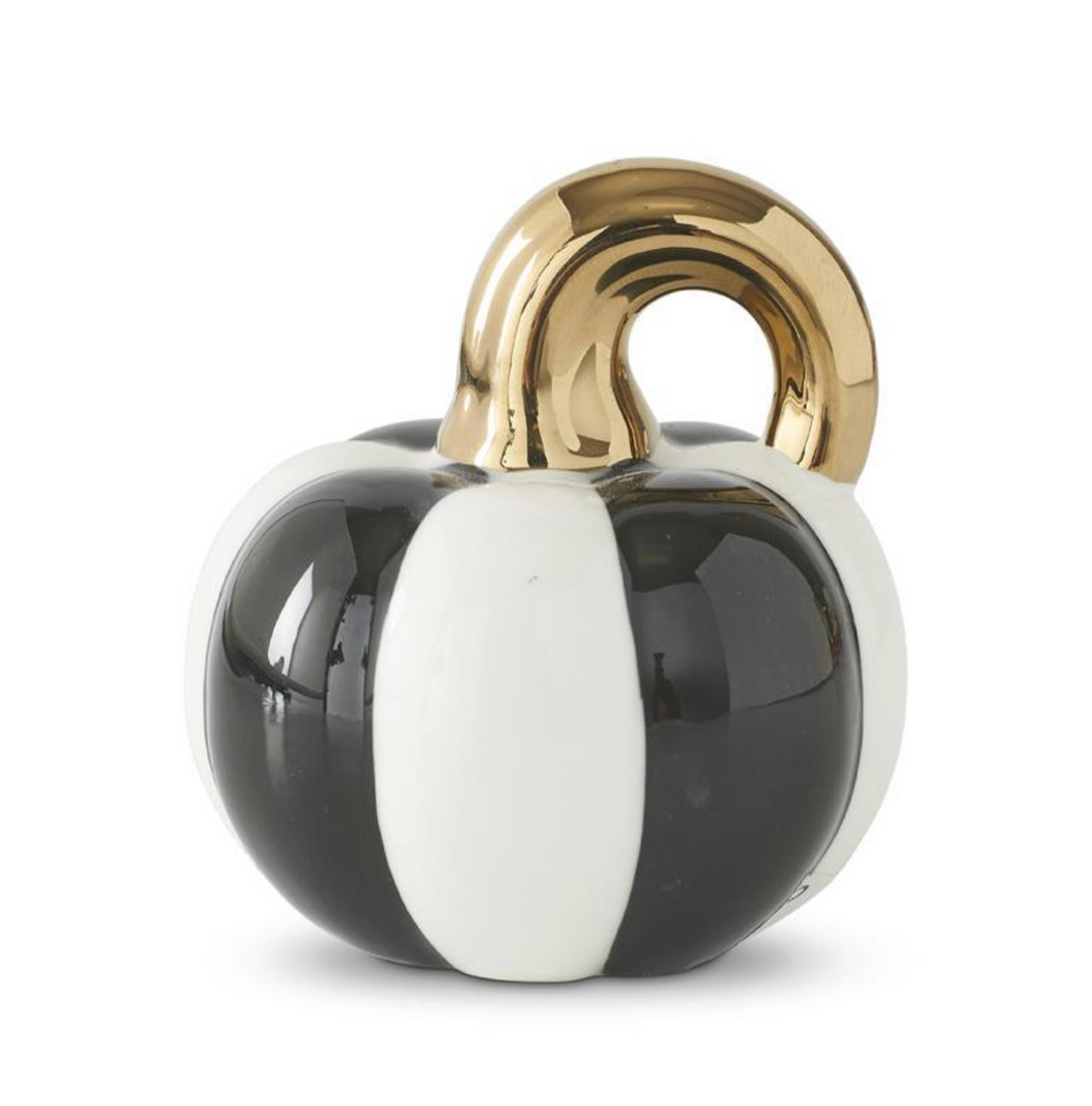 WHITE & BLACK STRIPED PUMPKIN WITH GOLD STEM