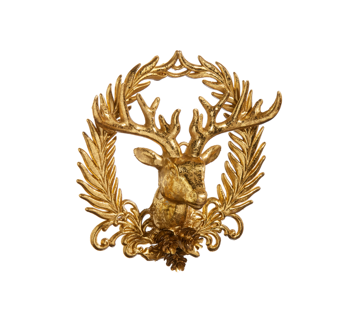 Gold deer head with antlers and laurel wreath on a white background