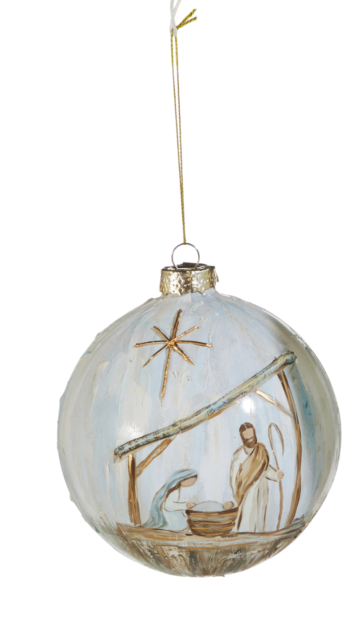 Decorative Christmas ball with nativity scene design on a white background