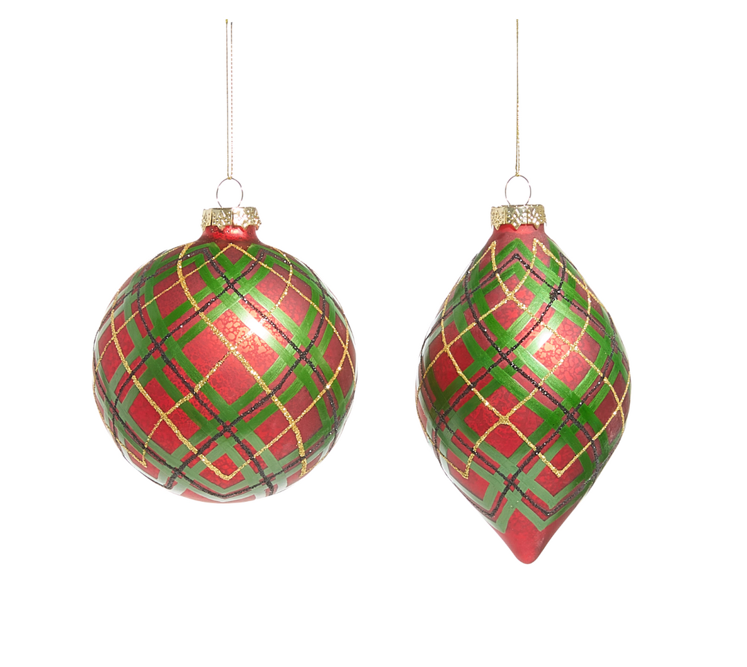 Two plaid Christmas ornaments on a white background